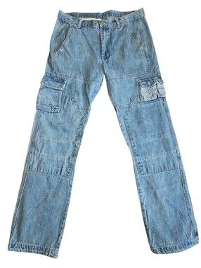 mnml Baggy Skater Cargo Denim Pants Blue Sz 31 Y2K Streetwear Patch Pockets